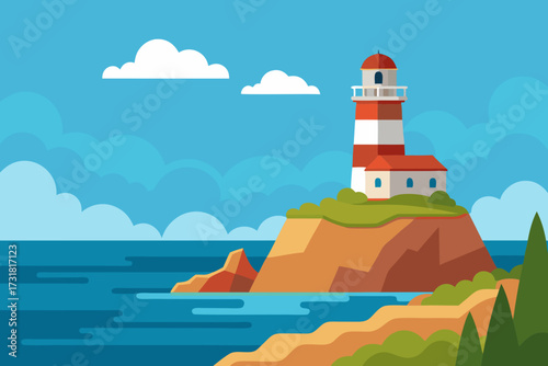 A scenic cartoon scene of a rocky shore with a lighthouse vector illustration