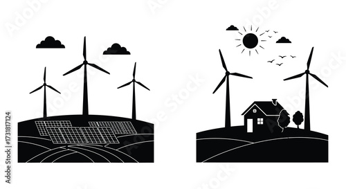 Renewable energy sources wind turbines solar panels and a rural house