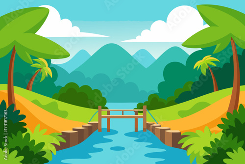 A scenic cartoon scene of a rainforest river with a bridge vector illustration