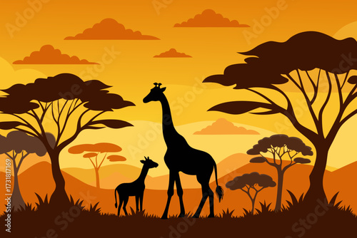 A simple cartoon of a savanna with giraffe silhouettes vector illustration