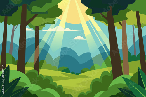 A cartoon illustration of a rainforest canopy with sunlight rays vector illustration