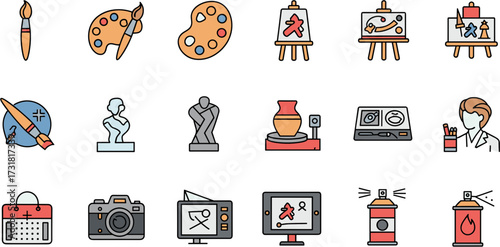 Flat Style Creative Art and Design Instrument Icon Set Illustration