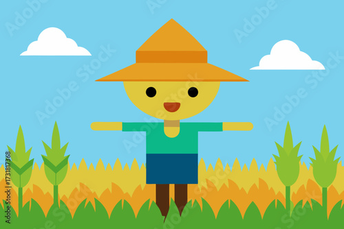 A serene cartoon scene of a rice field with a scarecrow vector illustration