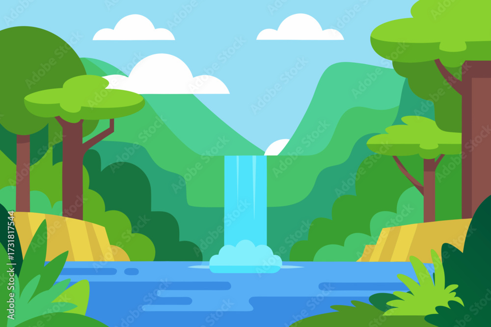 Obraz premium A simple cartoon of a rainforest waterfall lagoon vector illustration