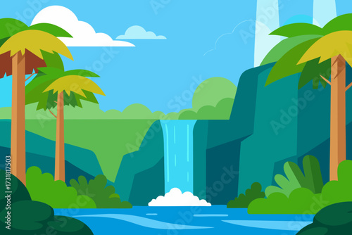 A beautiful cartoon scene of a rainforest waterfall lagoon vector illustration