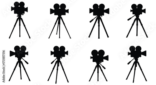 Silhouettes of vintage film cameras on tripods a repeating pattern