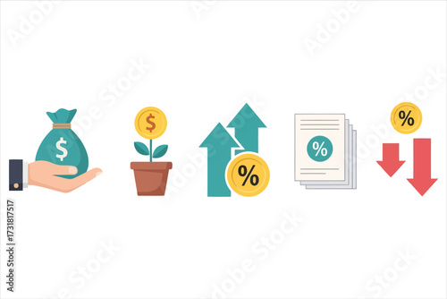 Vector art of investment and finance vector icons set of money and growth icons bag, plant, arrow, document and percentage collection of flat design elements