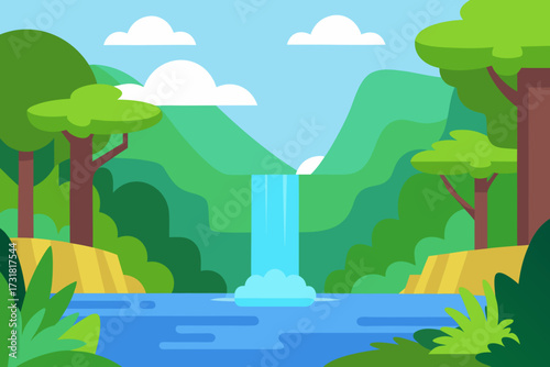 A simple cartoon of a rainforest waterfall lagoon vector illustration