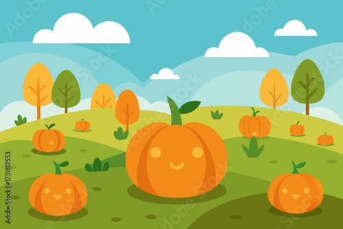 A beautiful cartoon scene of a pumpkin patch in a meadow vector illustration