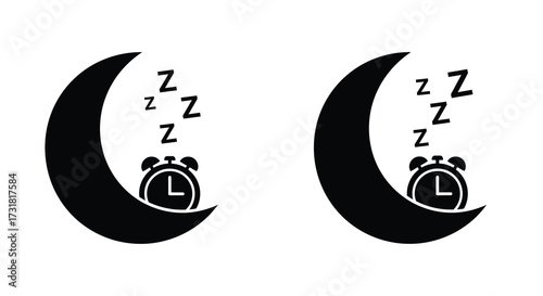 Two crescent moons with sleeping symbols and alarm clocks displayed
