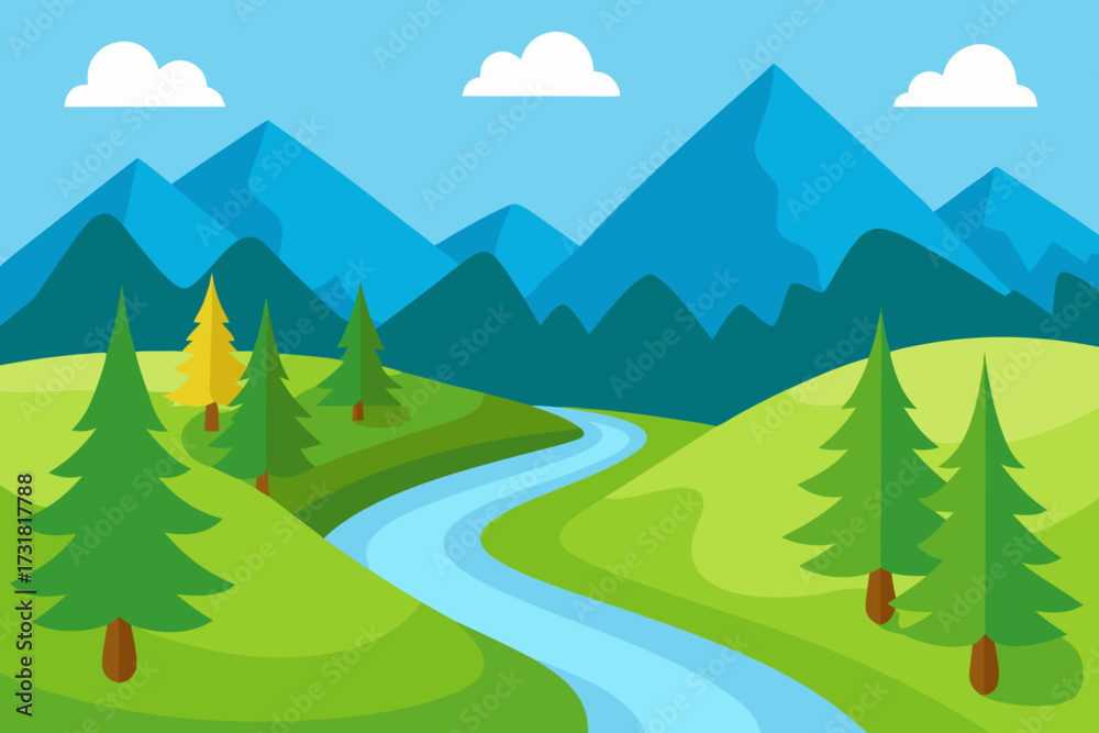 Fototapeta premium A serene cartoon scene of a river flowing through a forest vector illustration