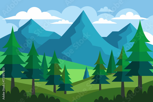 A cartoon illustration of a pine forest with mountains vector illustration