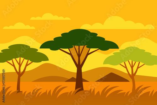 A cartoon illustration of a savanna with acacia trees vector illustration