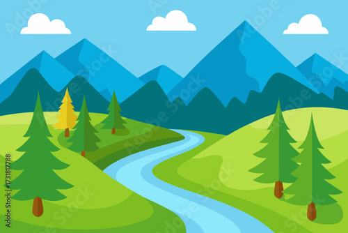 A serene cartoon scene of a river flowing through a forest vector illustration