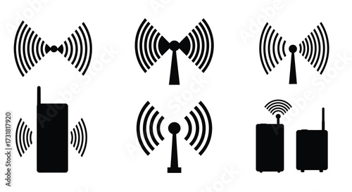 Black and white illustration depicting various wireless signal and antenna icons