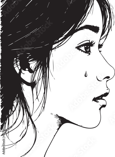 The Tearful Gaze: An evocative portrait of a young woman, her face etched with emotion, a single tear tracing a path down her cheek.