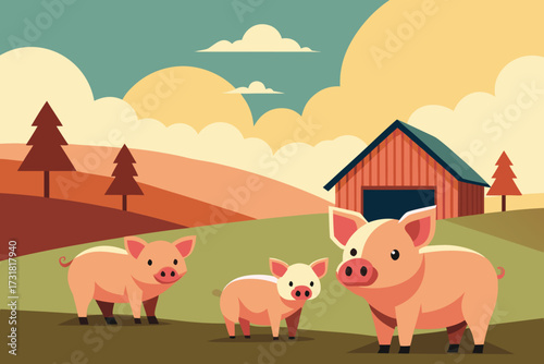 A cute cartoon illustration of pigs on a farm vector illustration