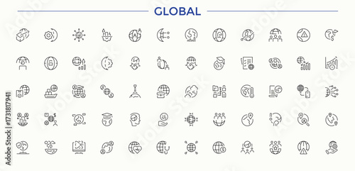 Global linear icon collection. Minimal icons set. Signs for web and mobile app. Earth line icon set. Includes thin line symbols house, ecology, sustainable, nature, green house and more.