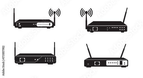 Black and white illustrations depicting various wireless router designs and signals