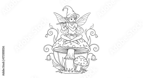 Mischievous Pixie's Flute Song with Mushroom and Flowers Adult Coloring Page