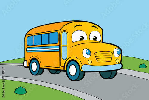 A scenic cartoon scene of a school bus on a road vector illustration