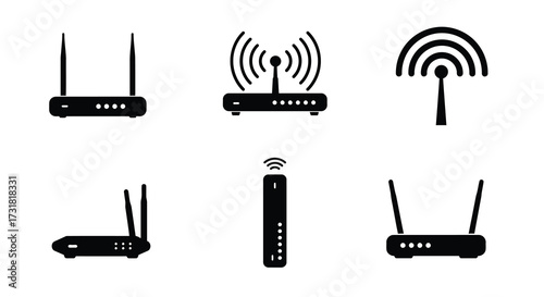 Various wireless router and signal icons in a black and white style