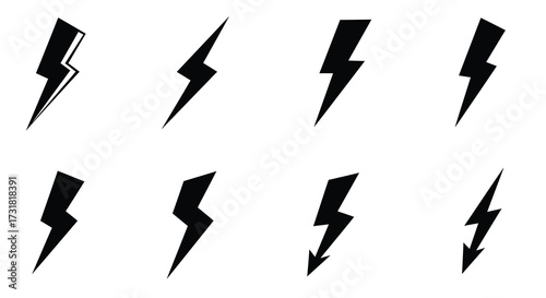 A collection of simple black lightning bolt shapes displayed on a white background