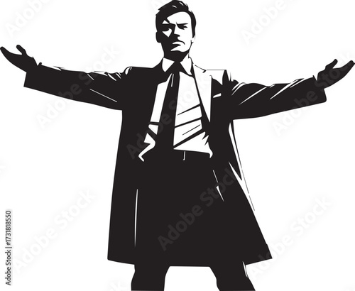 Power and Dominance in Silhouette: A striking silhouette of a confident individual in a long coat and tie, arms spread wide, exudes authority and control, ideal for themes of leadership.