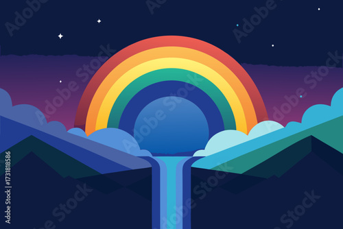 A simple cartoon illustration of a magical rainbow waterfall background vector illustration