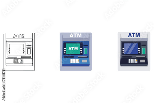 Vector art of atm, a set of three designs showing an automated teller machine in different styles, perfect for finance, banking, and technology related projects