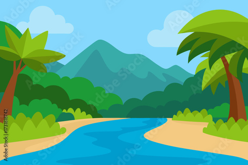 A cartoon rainforest riverbank background vector illustration