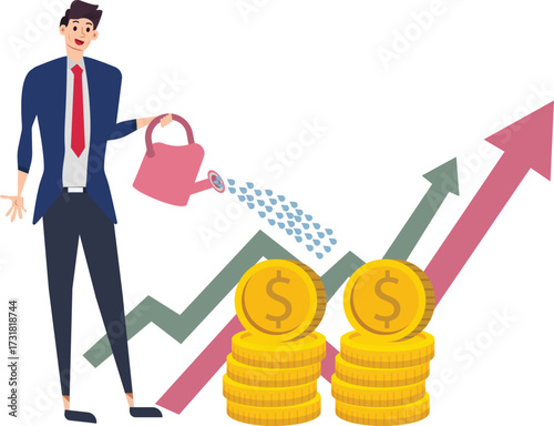 Watch your business grow with strategic investments and smart financial planning, cultivate wealth like this businessman watering his growing money stacks