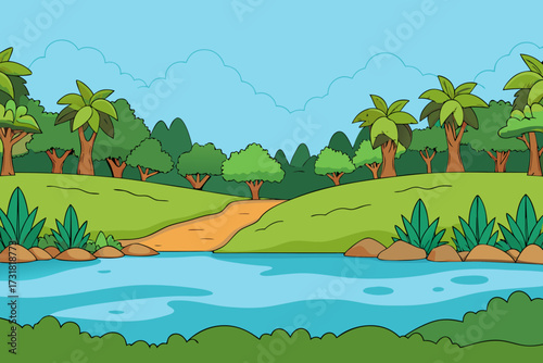 A lush cartoon background of a rainforest riverbank vector illustration