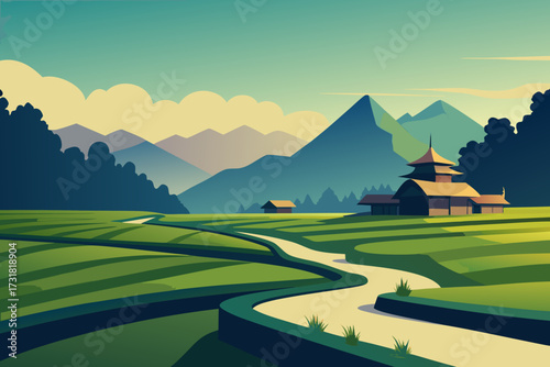 A simple cartoon illustration of a rice terrace field with greenery vector illustration