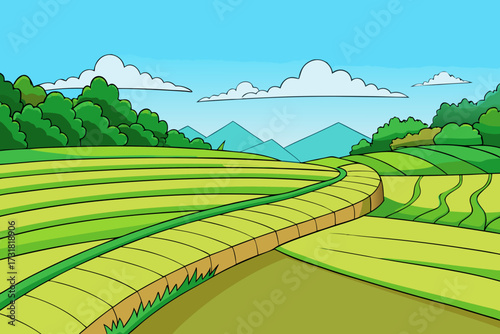 A beautiful cartoon background of a rice terrace field with greenery vector illustration