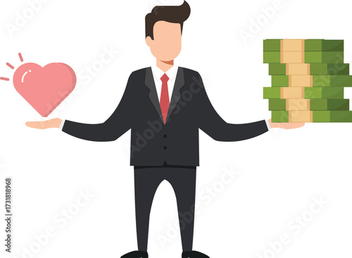 Business professional balances love and money making a pivotal career decision for life satisfaction and overall well being to find true happiness