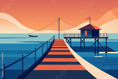 A simple cartoon illustration of a seaside pier with fishing nets vector illustration