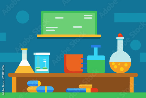 A detailed cartoon background of a science classroom with beakers vector illustration
