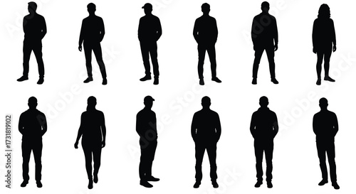 Collection of diverse human silhouettes standing in a neat organized arrangement