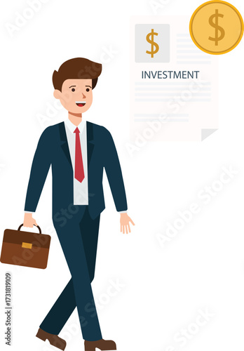 Successful businessman walking with briefcase towards investment opportunity, financial growth and prosperity, symbolizing a bright future in finance