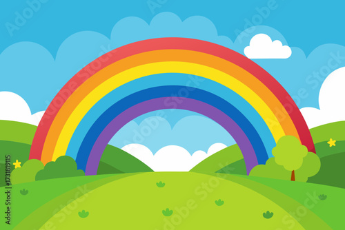 A cartoon magical rainbow meadow background vector illustration