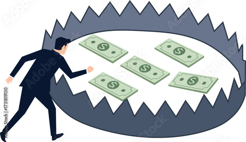 Businessman races toward money in a dangerous trap, illustrating financial risk, greed, and the pursuit of wealth in a competitive market environment