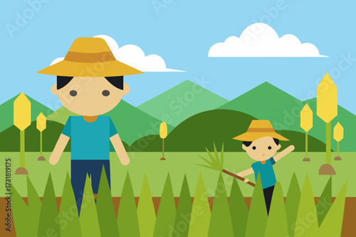 A cartoon rice field background with farmers vector illustration