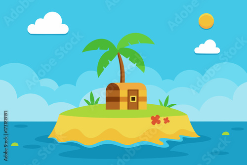 A cartoon pirate island background with a treasure chest vector illustration