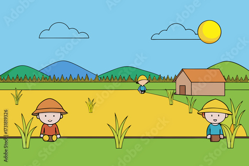 A simple cartoon background of a rice field with farmers vector illustration