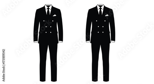 Two black suits displayed on a plain white background formal apparel