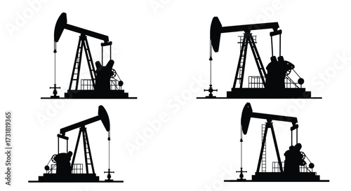 Silhouette depictions of four oil pumps in a monochrome style