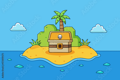 A simple cartoon background of a pirate island with a treasure chest vector illustration