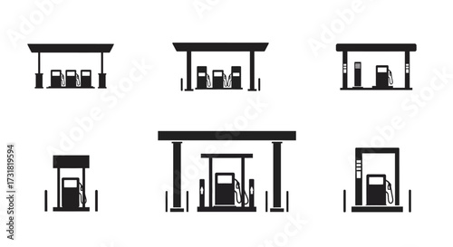 Various black and white icons depicting different styles of gas stations