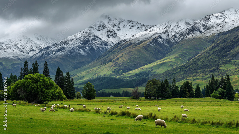 Naklejka premium Sheep graze across a tranquil meadow backed by snowy mountains